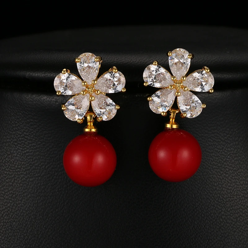 

2020 New Elegant Red Simulated-pearl Women Dangle Earrings with Gold Color Flower Zircon Drop Earrings Korean Wedding Jewelry