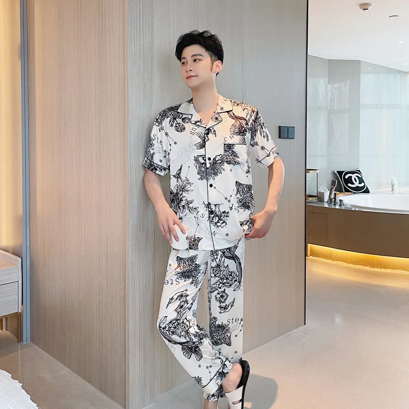 Women's Pajamas Set Turn Neck Design Luxury Cross Letter Print Sleepwear Silk Like Home Clothes XXL Large Size Nightwear