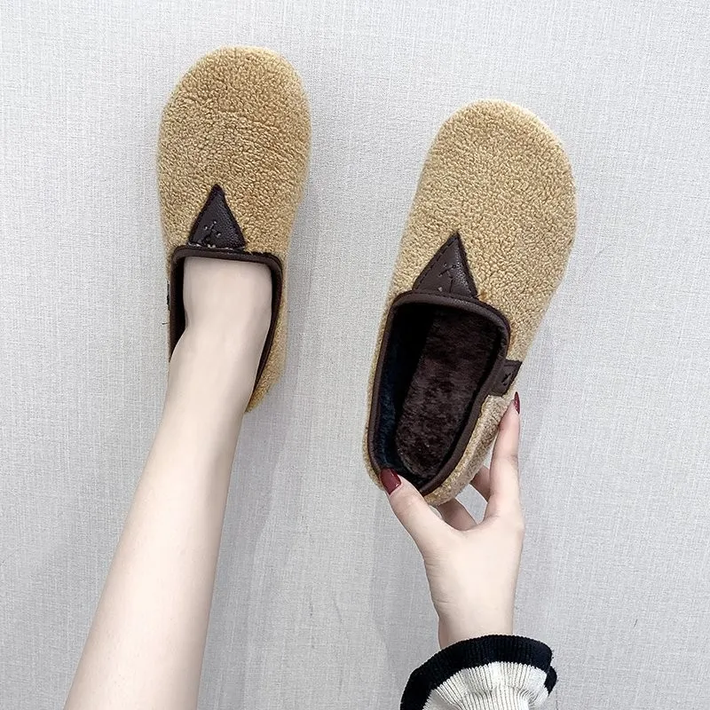 

2021 New Winter Short Pile Stitching One-step Flat Round Toe Women's Cotton Shoes