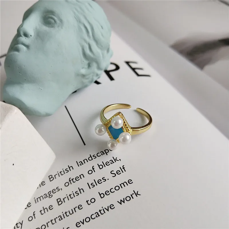 RUIYI Real 925 Sterling Silver New Macaroon Blue rhombus Pearl Rings Women Fashion Korean Style 18K Gold Plated Chic Niche | Украшения и