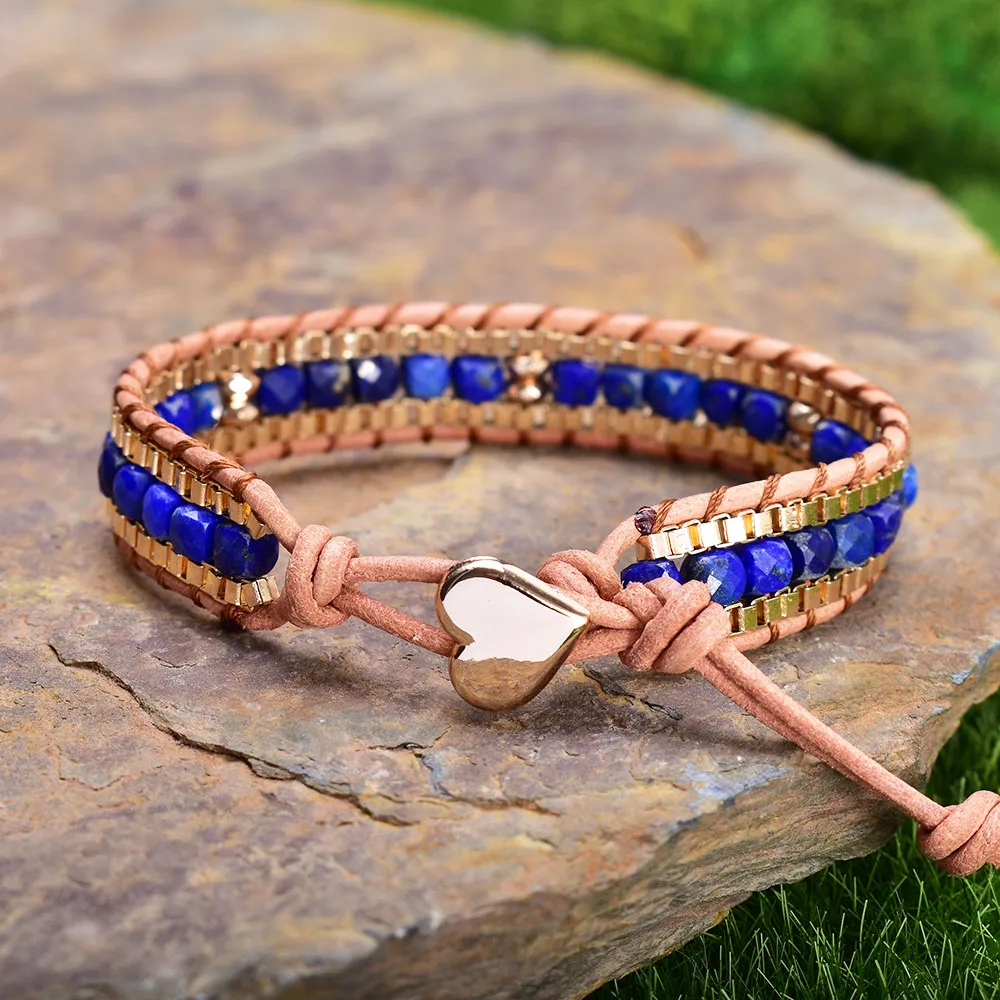 

Handmade Lapis Lazuli with Gold Chain Braided Charm Bracelets for Women Bohemian Female Beaded Bracelet Natural Stone Jewelry