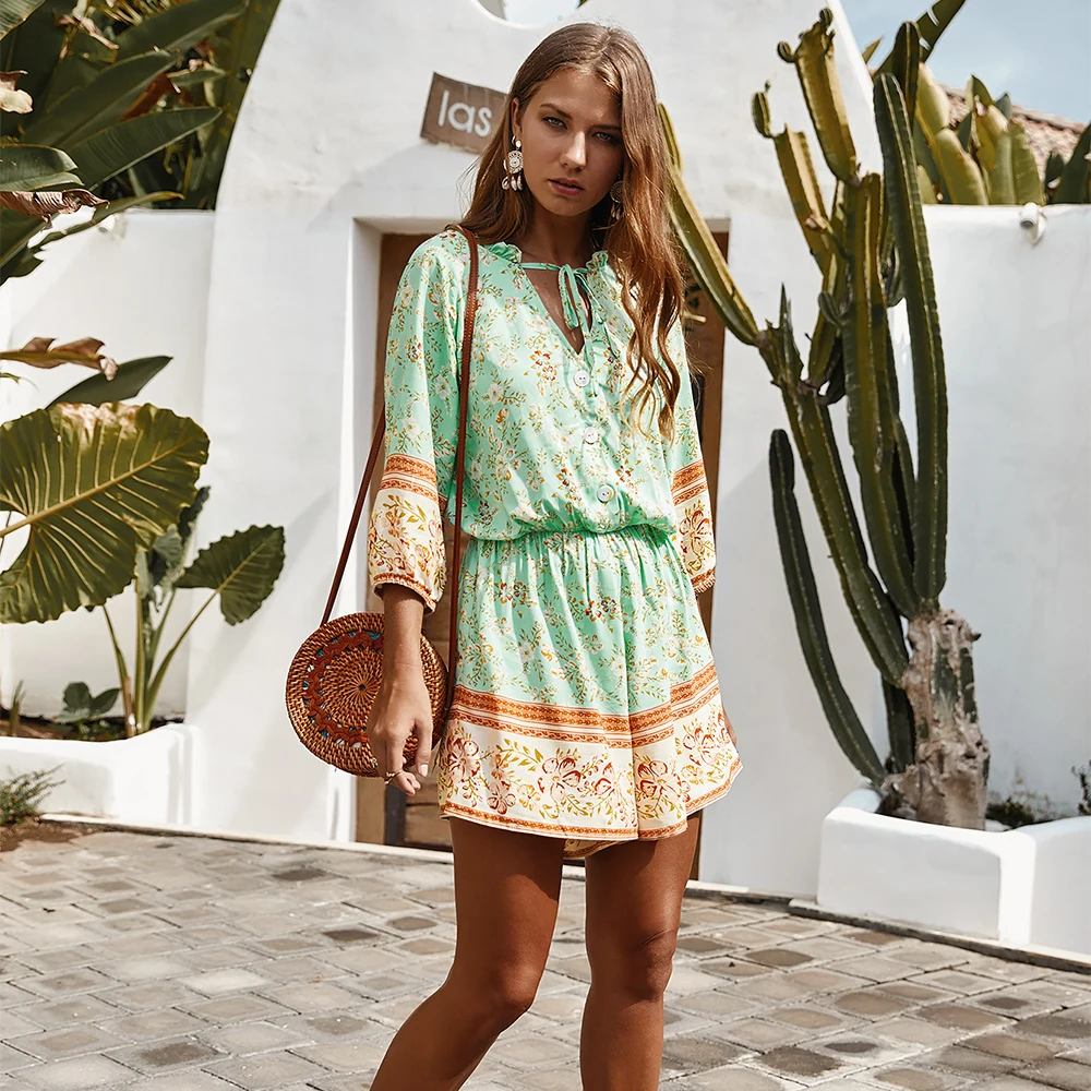 Женский комбинезон с коротким рукавом повседневный в богемном стиле принтом