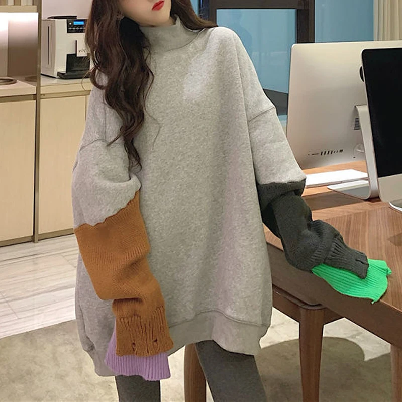 

Sweatshirts Women Turtleneck Color Contrast Patchwork Fleece Sweatshirt Pullover Female Fake Two Piece Knitted Sleeves Tops