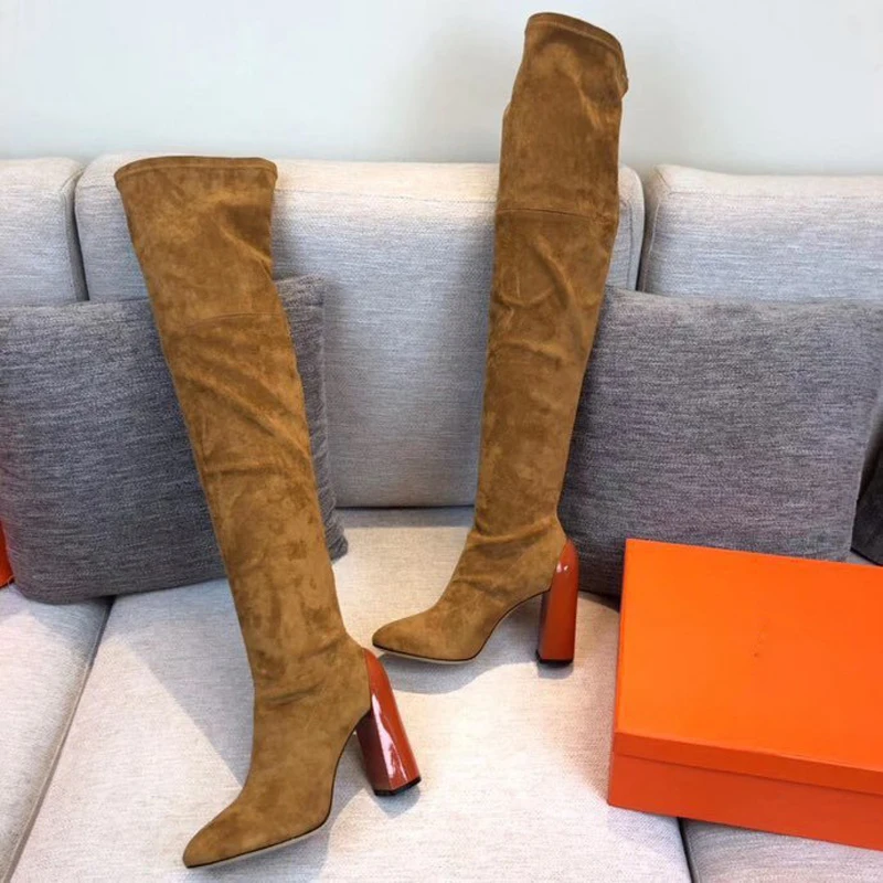 Beste Met Logo Herfst En Winter Vrouwen Schoenen Effen Kleur Hoge Hakken Dikke Hak Ronde Neus Elasticiteit Lange Laarzen Over De Knie Laarzen