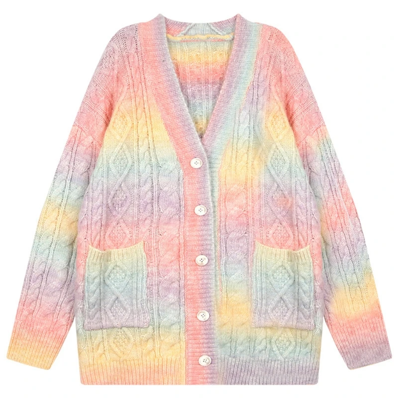 

Women Rainbow Knitted Cardigan Long Sleeve Button Down Open Front Sweater Coat X7YA
