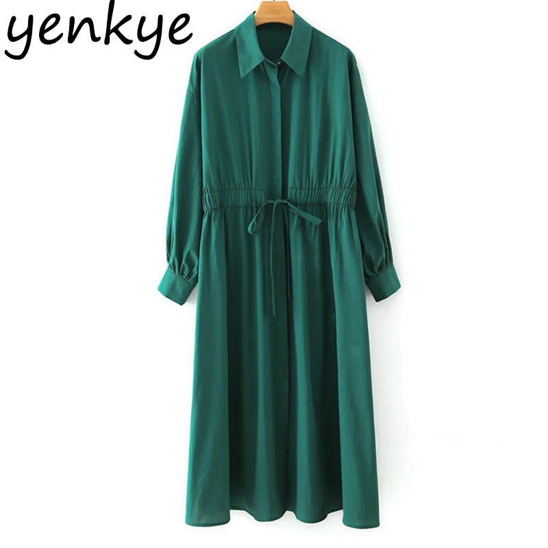

Vintage Green Dress Women Lapel Collar Long Sleeve Drawstring Elastic Waist Midi Casual Autumn Dresses Plus Size Vestido
