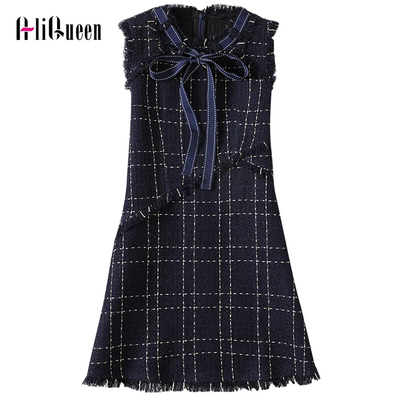 Женское шерстяное платье жилет без рукавов винтажное твидовое мини в клетку с