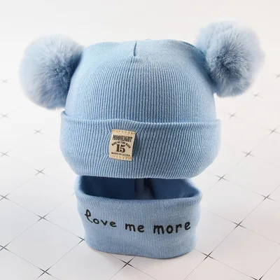 sky blue set Шапки для маленьких мальчиков и девочек, осенне-зимние Бархатные наушники, детские шапки Lei Feng, Детские Меховые помпоны из овечьей шерсти, кашемировые теплые шапки, детские вязаные шапки - Цвет: sky blue set