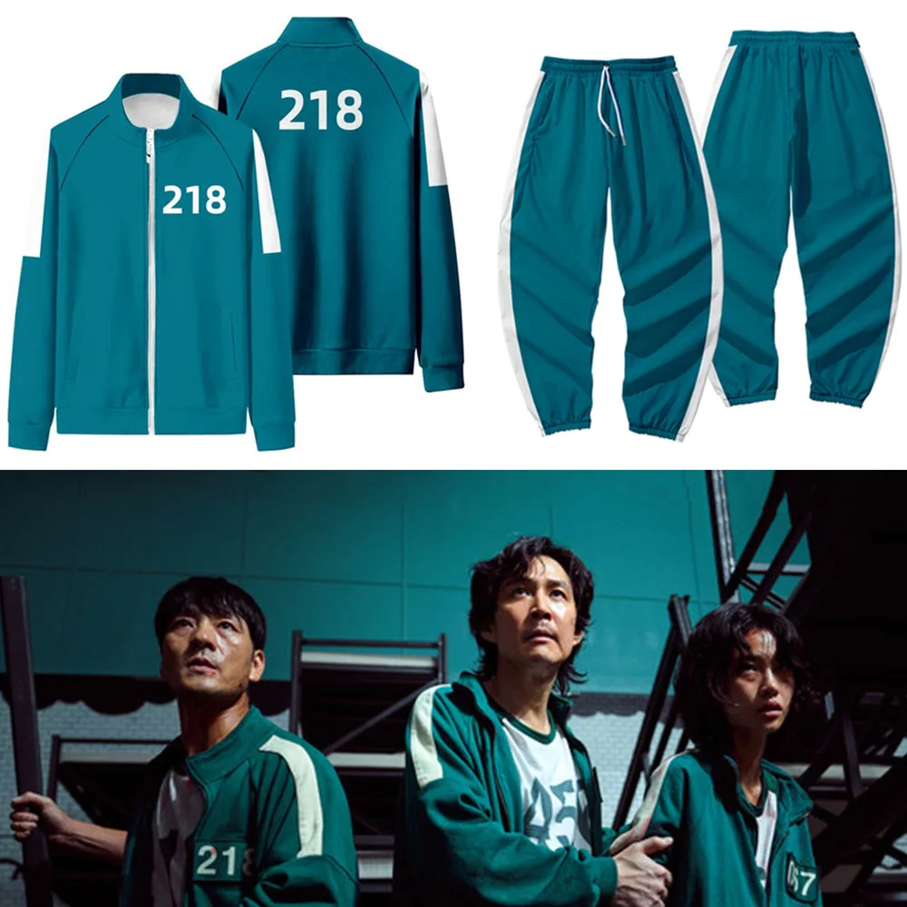 

for Squid Game Cosplay Costumes Blue Jacket Pants Set Round Six PARK HAE SOO 218 Role Play Costume Plus Sportswear Sweatshirt