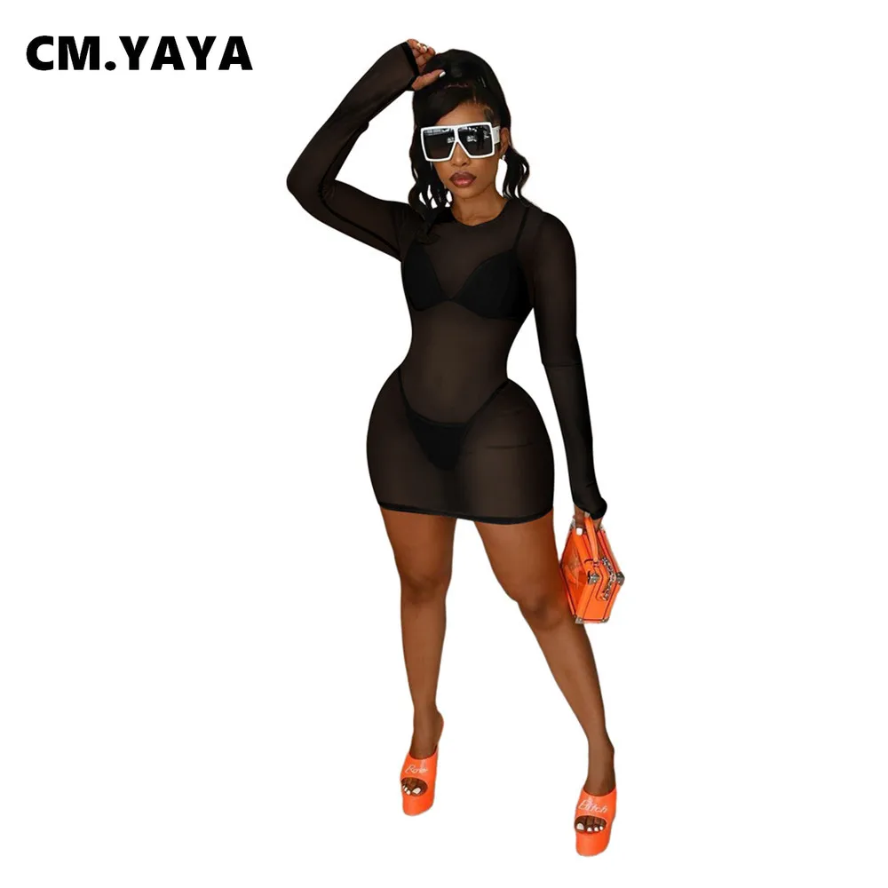 Женский комплект из 3 предметов CM.YAYA Сетчатое мини-платье с длинным рукавом и