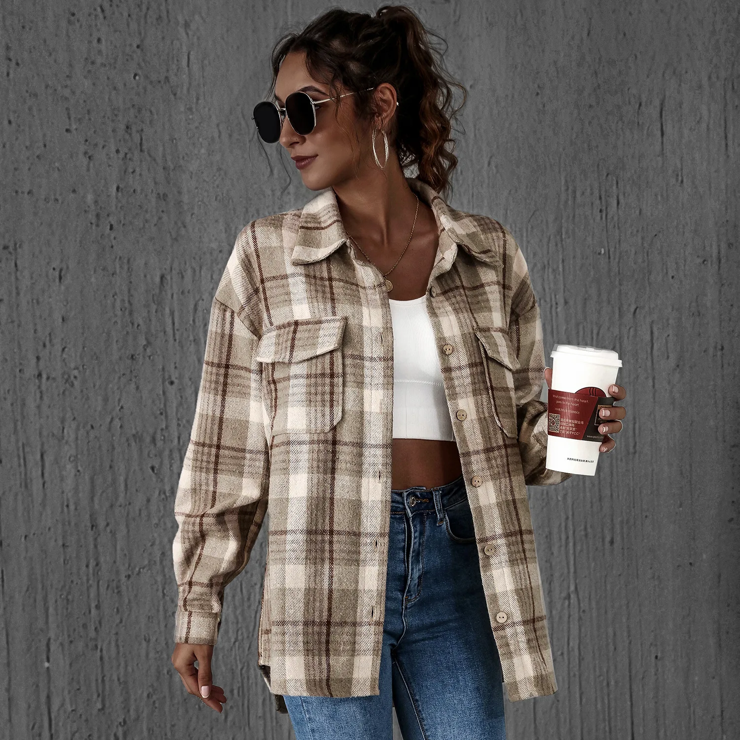

New Casual Plaid Women's Blouse Tops Loose Drop Shoulder Sleeve Button Lapel Pocket Top High Street Style Autumn Warm Shirt 2021