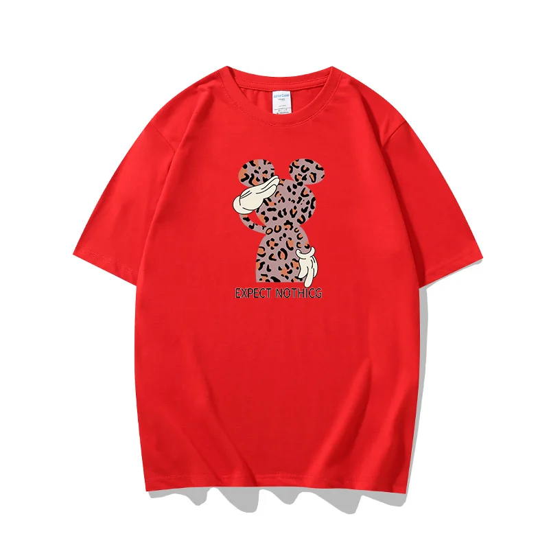 

Disney's original chic students round neck cotton top leopard print Mickey Mouse loose short sleeved T-shirt Youthful vitality
