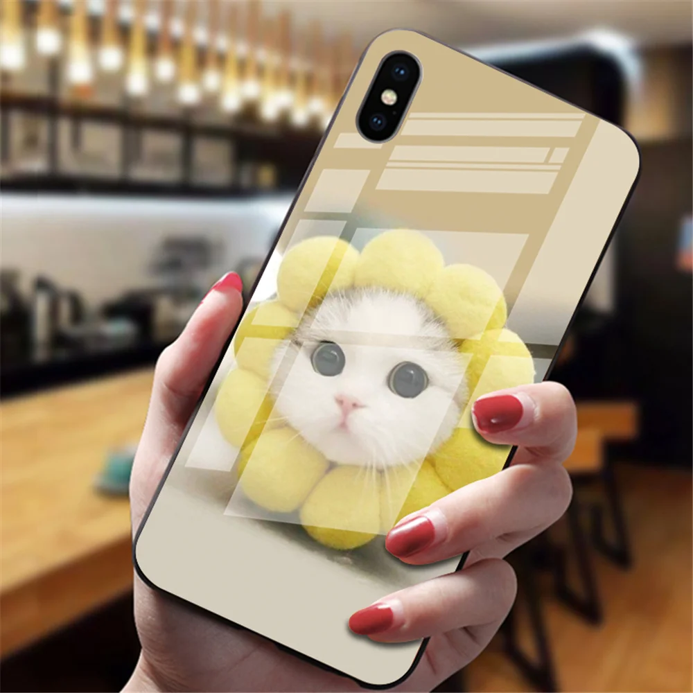Забавная Милая задняя крышка с изображением кота для iphone XS Max XR X 5 5S 6 6S 7 8 Plus 11 Pro Max, милые чехлы из закаленного стекла - Цвет: 8050