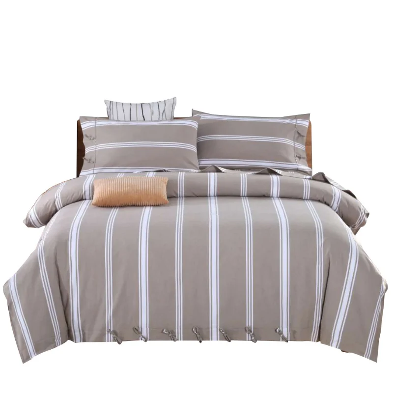 

New 100% Cotton Brown Comforter Bedding Sets Stripe Bedroom Queen King Size Bedding Set