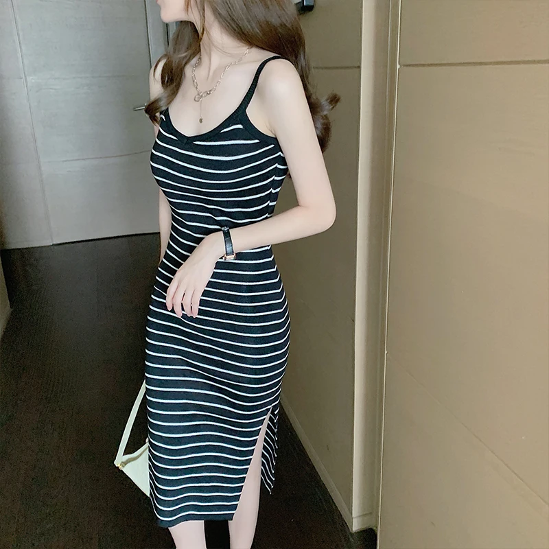 

Elastic V-neck Sleeveless Striped Knee Length Korea Women Night Club Party Dresses Split Elegant Ladies Casual Dress Clothes
