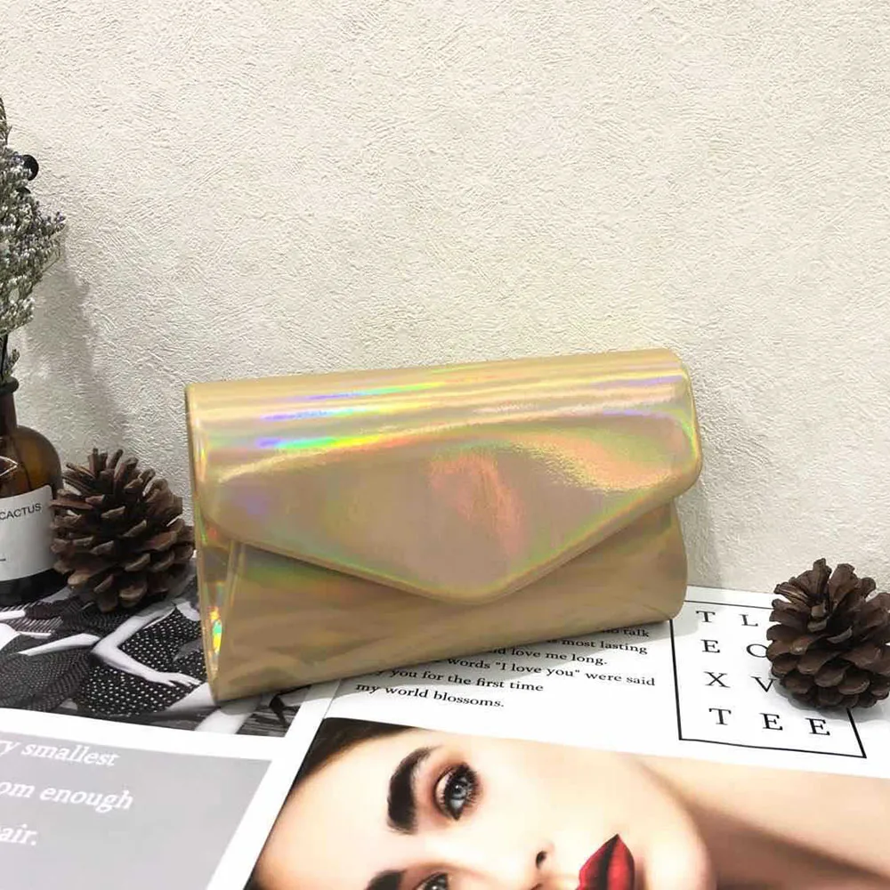 

Women Clutch Evening Bag Laser Surface Fashion PU Leather Envelop Handbags Chain Strap Shoulder Bags For Banquet Dinner Party