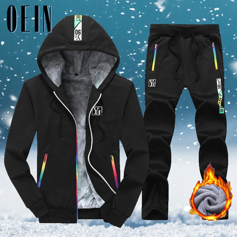 

Winter Tracksuit Inner Fleece Hoodies Men 2021 Casual Hooded Sweatshirts Thicken Warm Set Mens 2PC Jacket+Pant Moleton Masculino