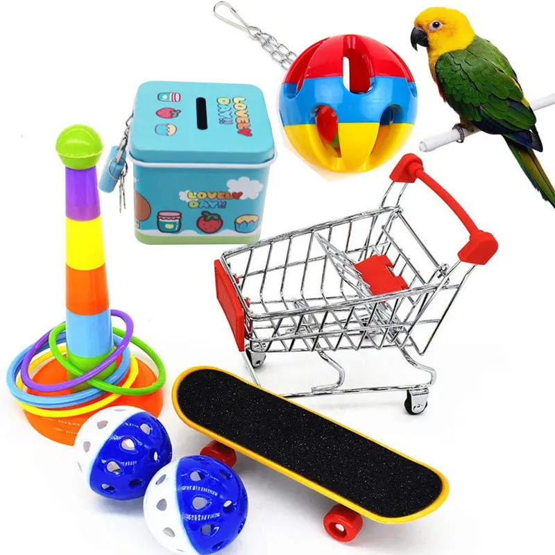 7Pcs/Set Parrot Toys Bird Interactive Parrot Skateboard Cart Ball Puzzle Training Bird Toy Supplies Set Funny Bird Toy