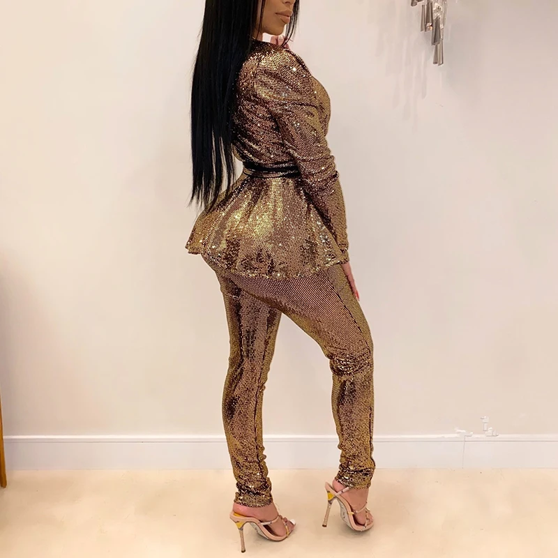 

Women Two Piece Set Plus Size Office Ladies Sequined Autumn Two Piece Set Top and Pants Elegant Female Casual Business Suits