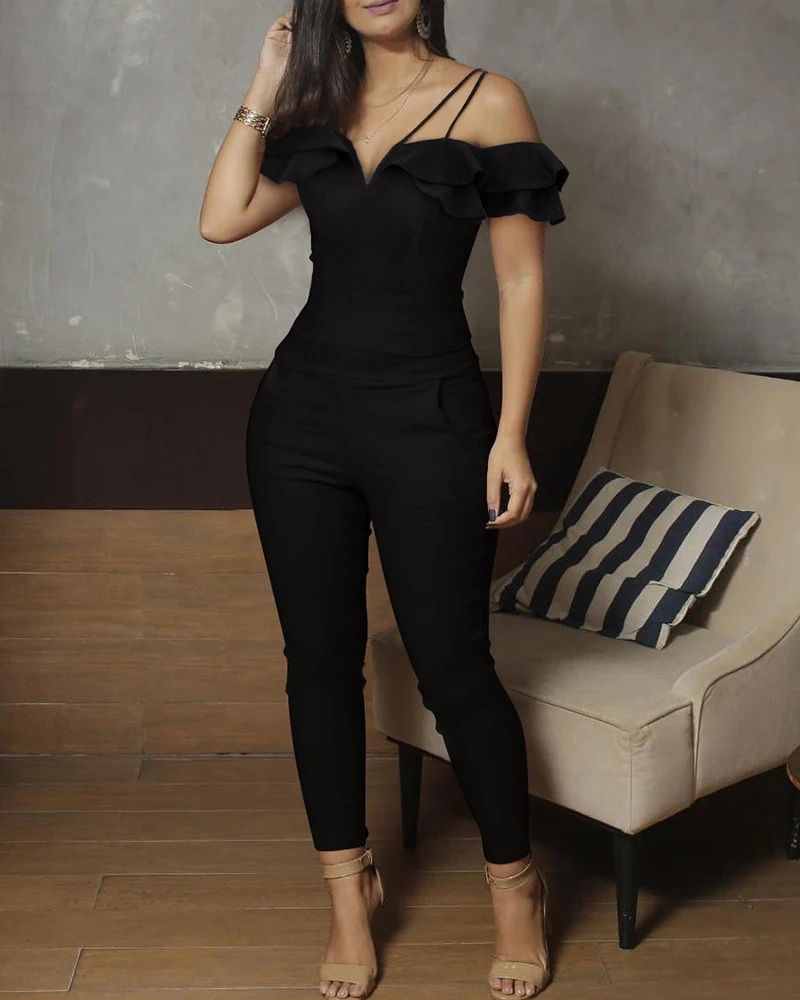 

Sexy Party Jumpsuits Women Spaghetti Strap Jumpsuits Fashion Sleeveless Female V-Cut Ruffles Jumpsuits 2021 Autumn
