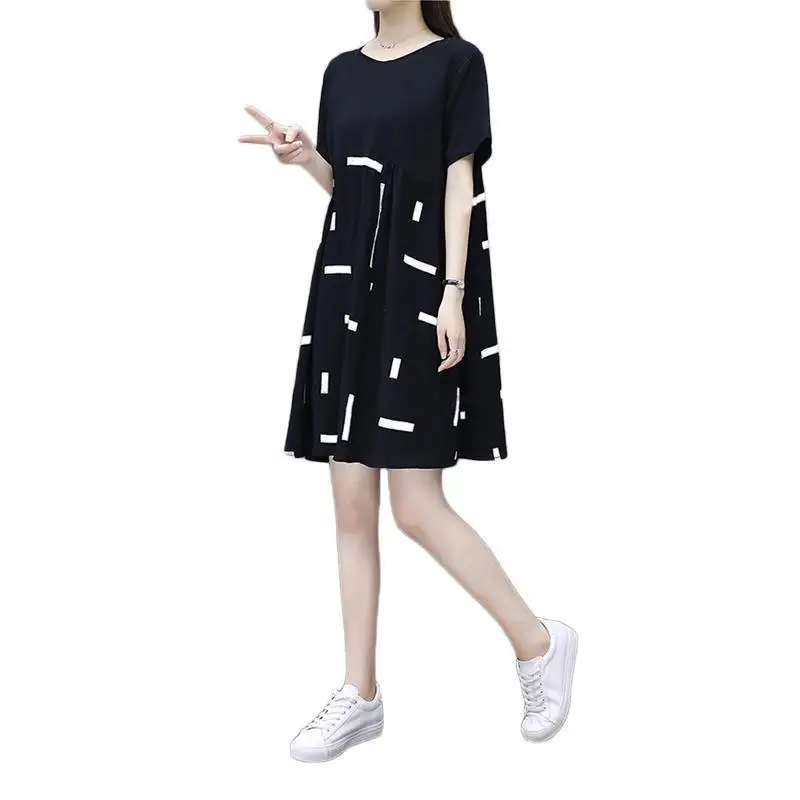 

Summer Dress Women'S Mid-Length Large Size Loose And Thin Printed Stitching Skirt