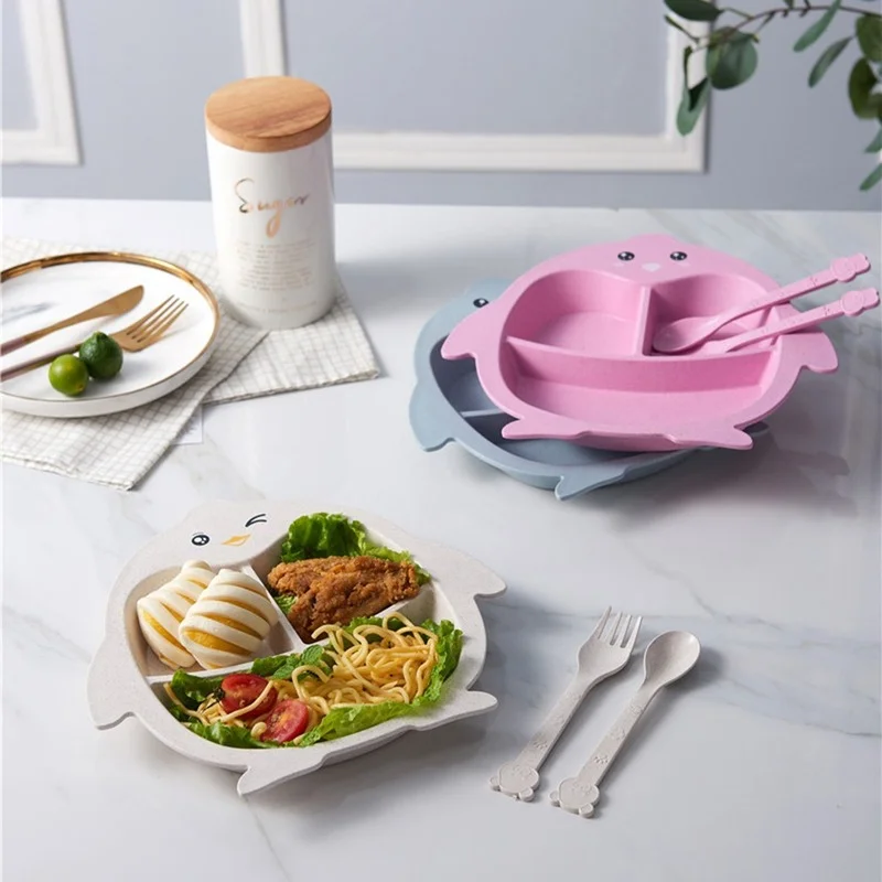 

Baby Tableware Set Cartoon Whale Plate Wheat Straw Cartoon Grid Plate Cute Creative Kindergarten Lunch Plate Kitchen Accessories