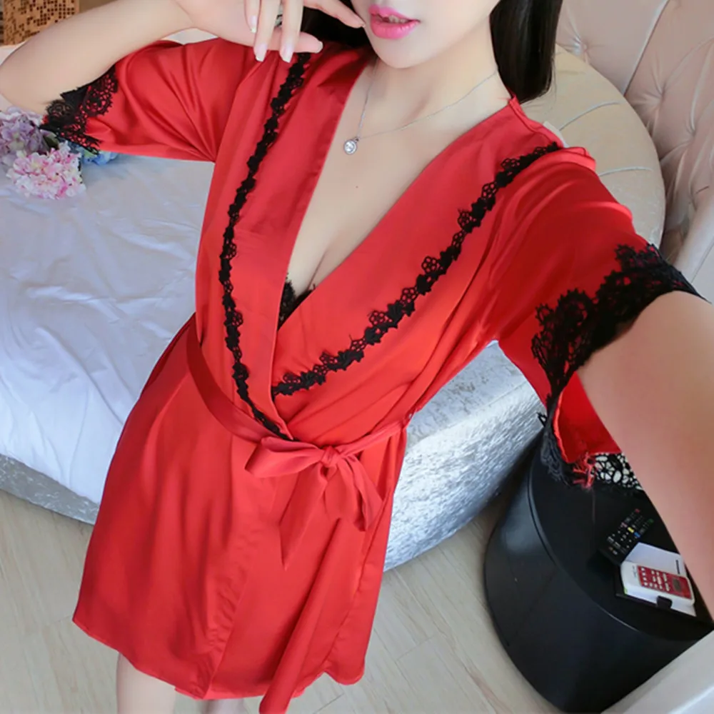 Sexy Ladies Silk Satin Kimono Bathrobe Robe Set Half Sleeve Lingerie Pajamas | Женская одежда