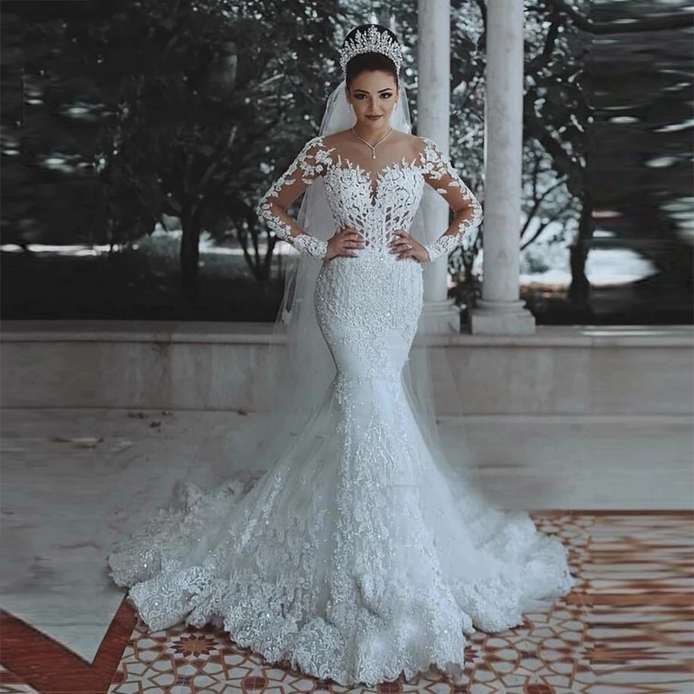 

Robe De Mariee Dubai Africa Luxury Appliques Lace Mermaid Wedding Dress Long Sleeves Custom Made Bridal Gowns Bride Women