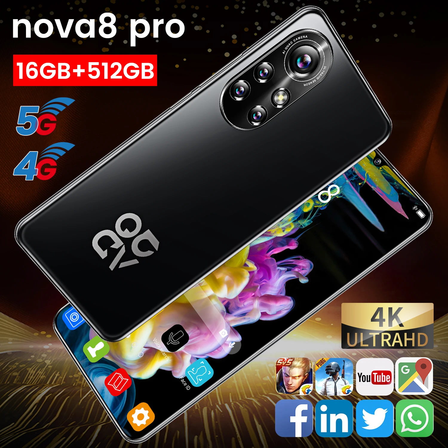 

Huavei High Quality Nova8 Pro Global Version Smartphone 6.8 Inch Screen 6500mAh 16G 512G Snapdragon 888 24MP 48MP Camera Face ID