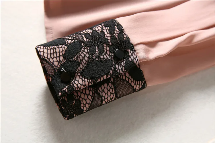 

European and American women's clothing 2021 The new spring Lace lapels with long sleeves Fashion silk shirt