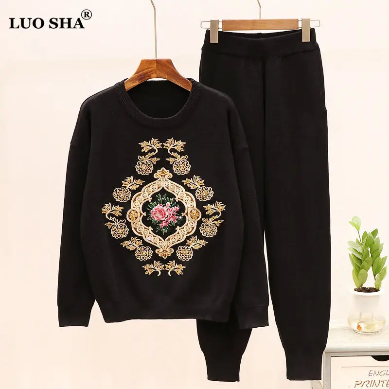 LUOSHA женский осенне зимний теплый вязаный пуловер с вышивкой свитер топ и штаны
