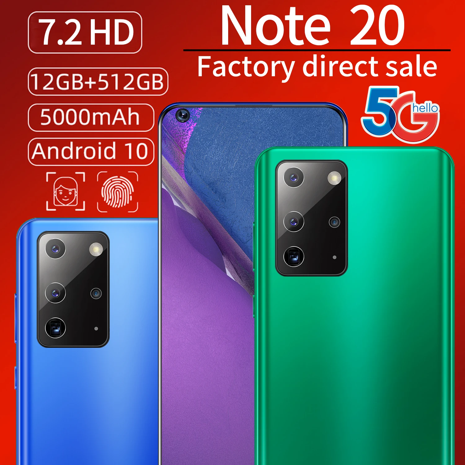 

Globale Version Smartphone 7.2 Inch Note 20 Entsperren Really 5G Android 10 16+32MP 12GB+512GB Celulares desbloqueado Cell Phone
