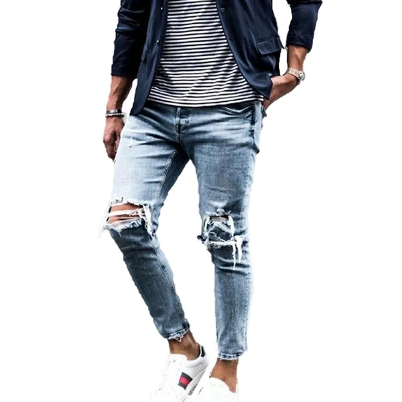2021 Ripped Skinny Men's Jeans Trousers Stretch Slim Denim Pants Large Size Hip Hop Casual Jogging Jeans Men Moto & Biker Style