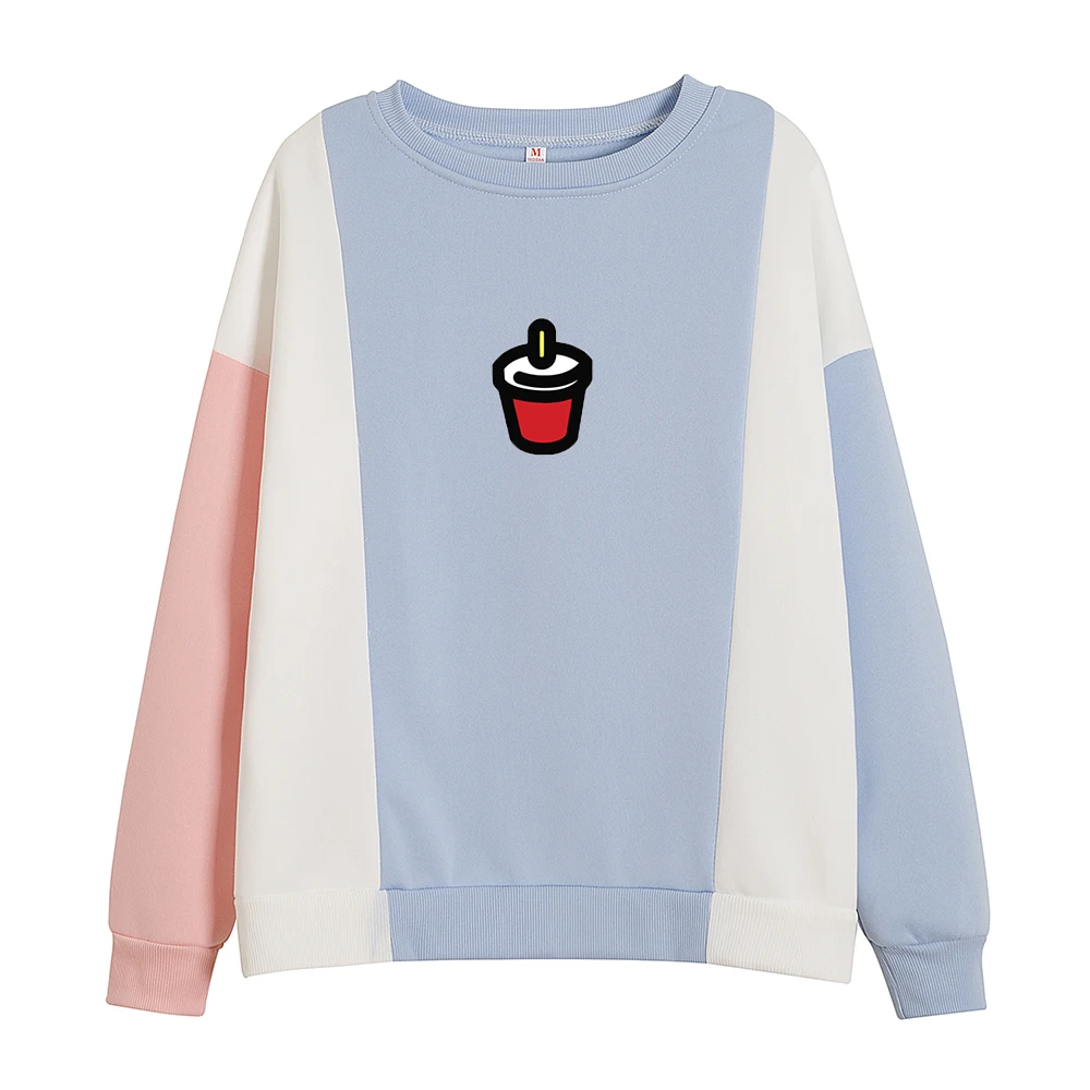 

Pink Blue Splice Sweatshirts Oversized Kawaii Kpop Cute Patchwork Hoodies Cup Print Long Sleeve Autumn Winter Warm Thick Hoodie