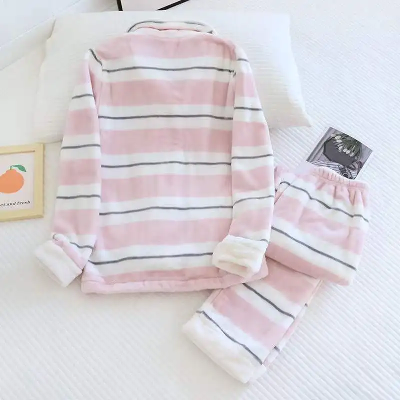 Flannel Winter Pajamas Set Thick Warm 2 Pieces Women Sleepwear Casual Loose Pyjamas Suit Homewear Coral Fleece Nightwear
