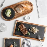 1pc solid wood tray western food japanese style solid wood black slate plate snack food tray kitchen tableware