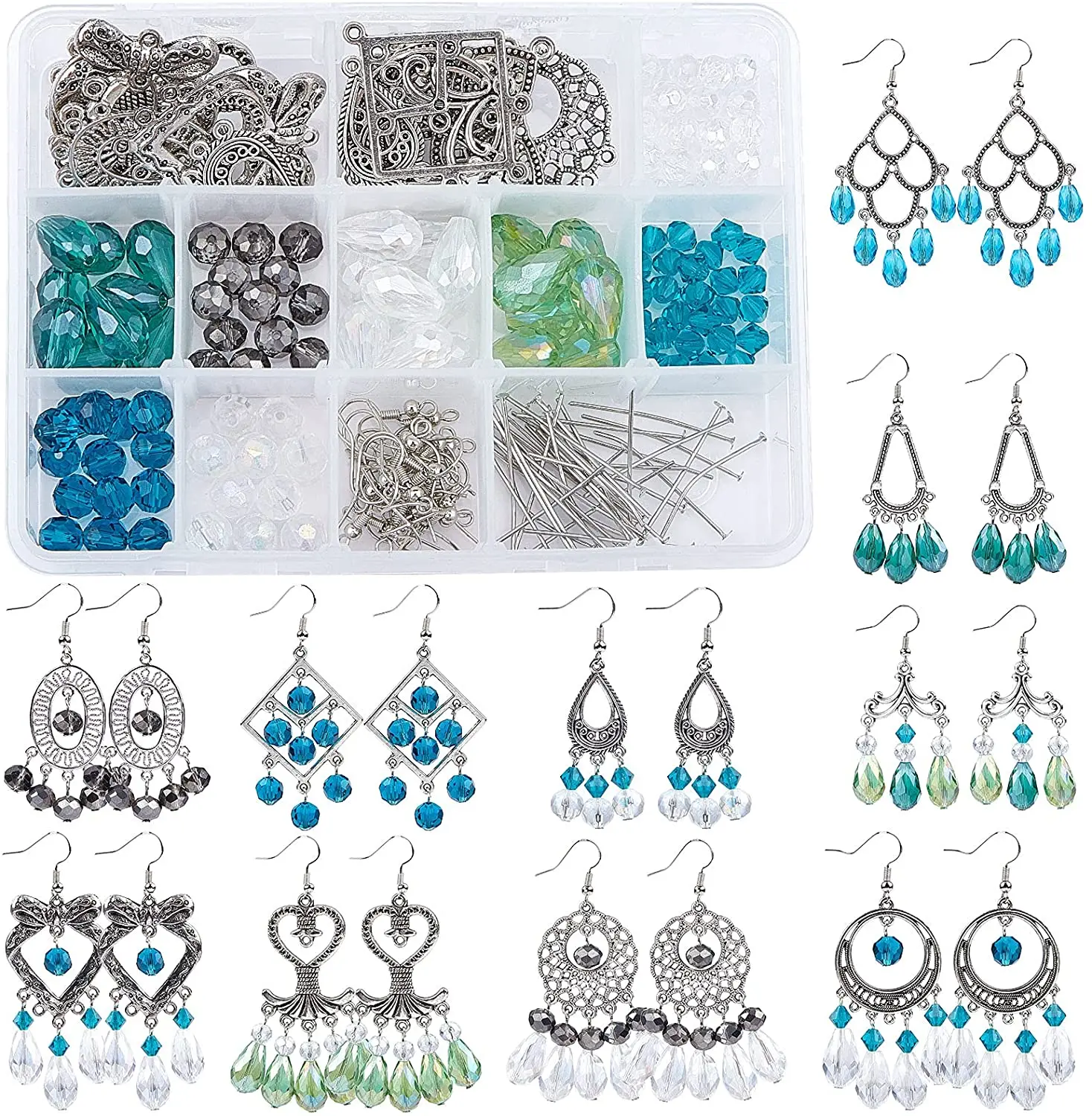 

1 Box DIY 10 Pairs Chandelier Earrings Making Kits 10 Styles Chandelier Charms Links Components 7 Styles Glass Beads