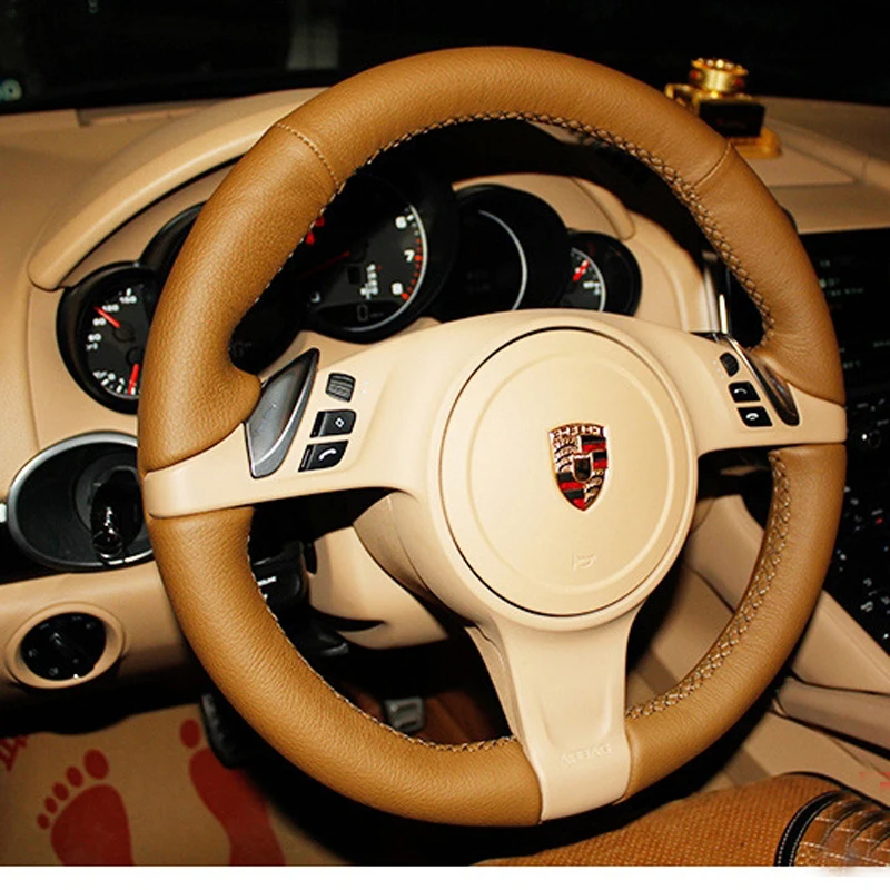 Полностью Коричневая кожа и коричневая нить рулевое колесо Ручное шитье обмотка