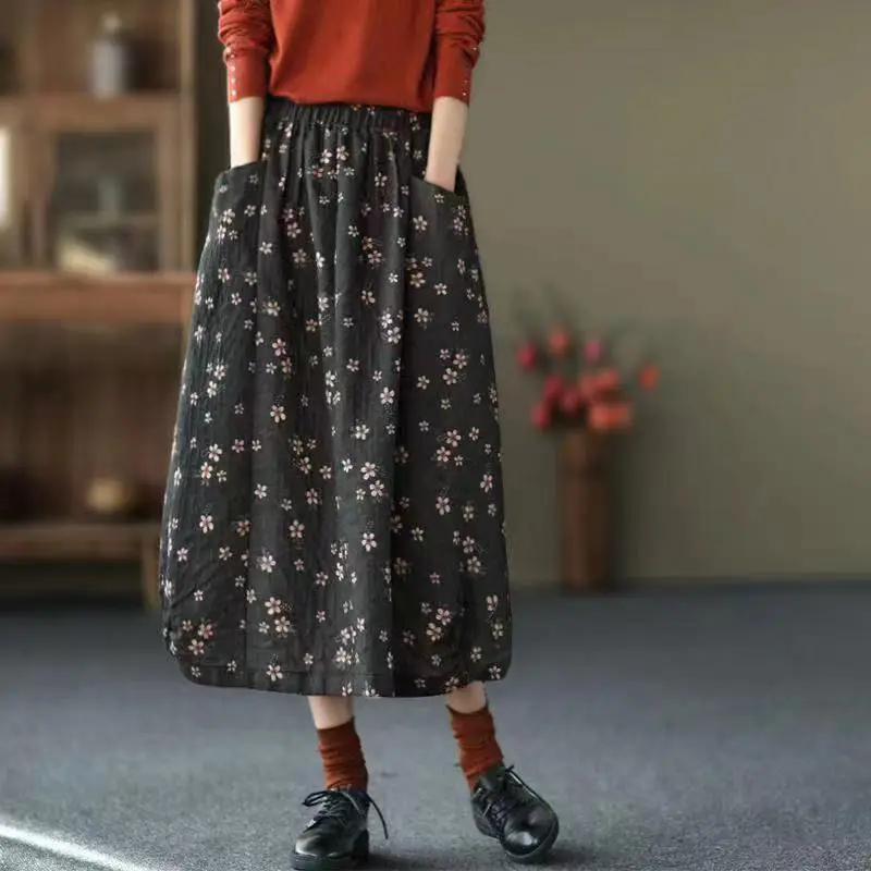 

Cotton Vintage Floral Skirt Women's Mid Length 2021 Summer New National Style Loose and Thin Flower Bud Skirt