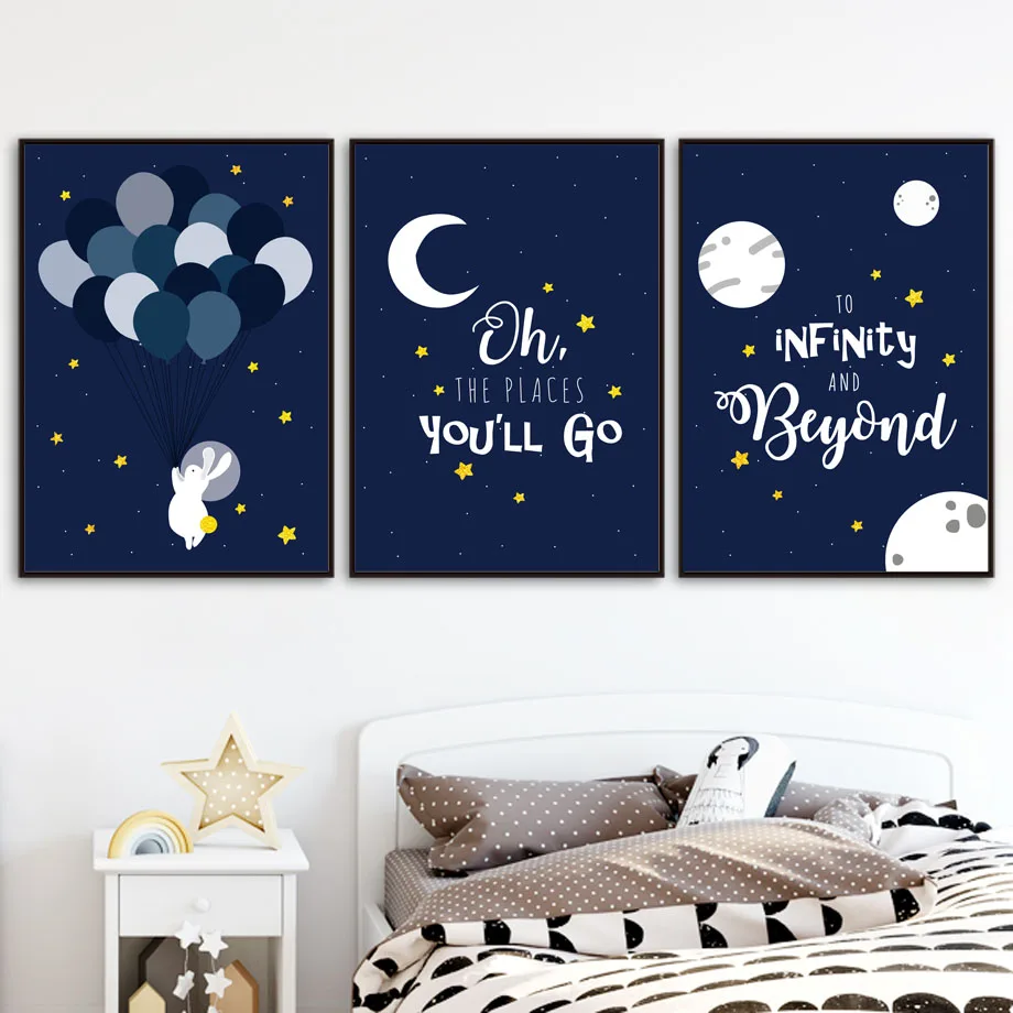 

Cartoon Rabbit Moon Earth Balloon Canvas Painting Wall Art Nordic Posters and Prints Wall Pictures for Living Kids Room Decor
