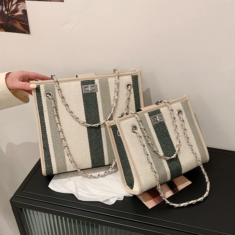 

2021 New Canvas Western Style Wild Fashion Stripe Hit Color Crossbody Shoulder Portable Women Large-Capacity School Shopping Bag