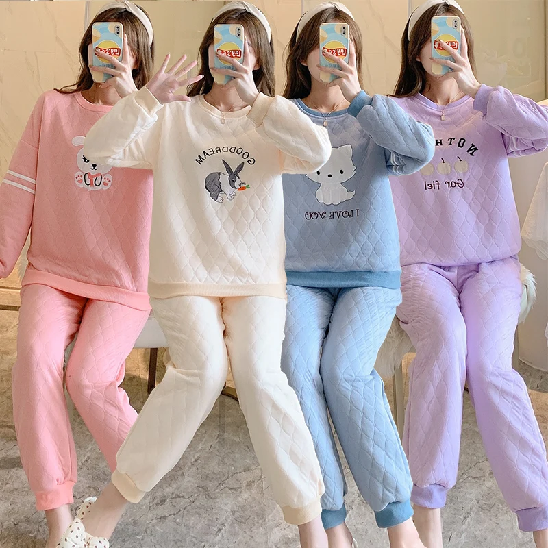 

2021 Winter Long Sleeve Thick Warm Flannel Pajama Sets for Women Cute Cartoon Cat Coral Velvet Sleepwear Pyjama Homewear Clothes