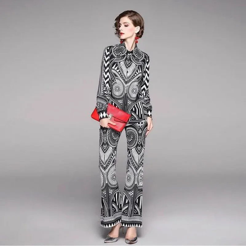 

2021 spring retro fashion printed lapel shirt 2-piece suit female high waist loose casual wide-leg pants retro printed two-piece