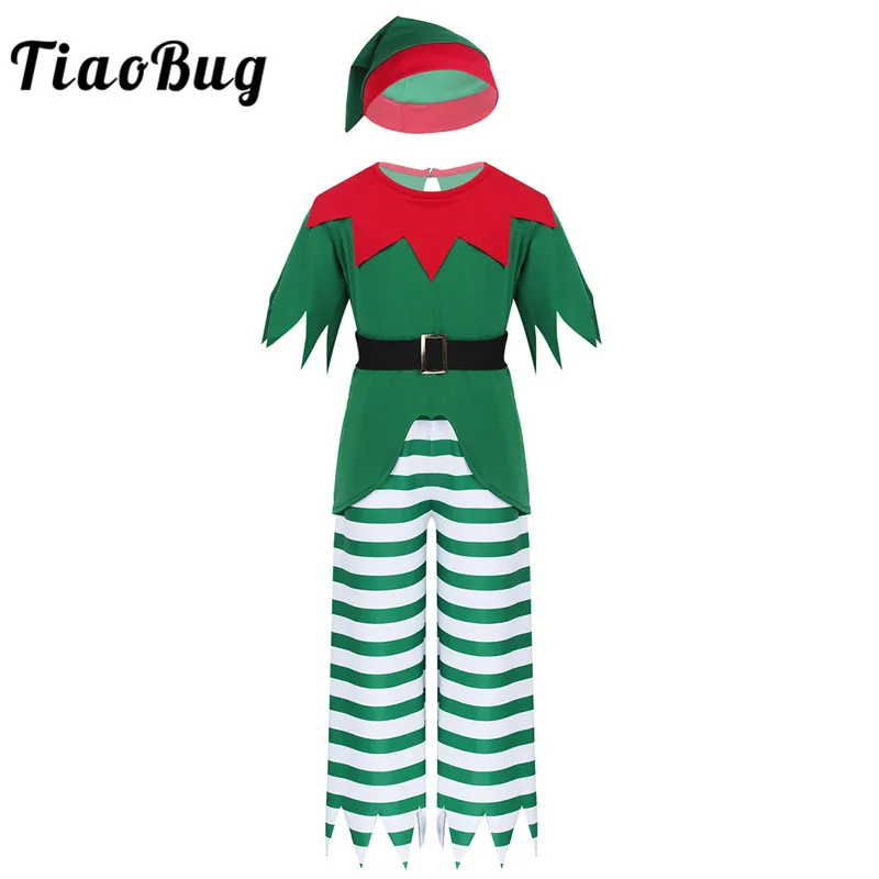 

Kids Boys Xmas Costume Short Sleeves Tops with Striped Pants Hat Belt Set Christmas Cosplay Party Fairy Outfit Fancy Dress Up