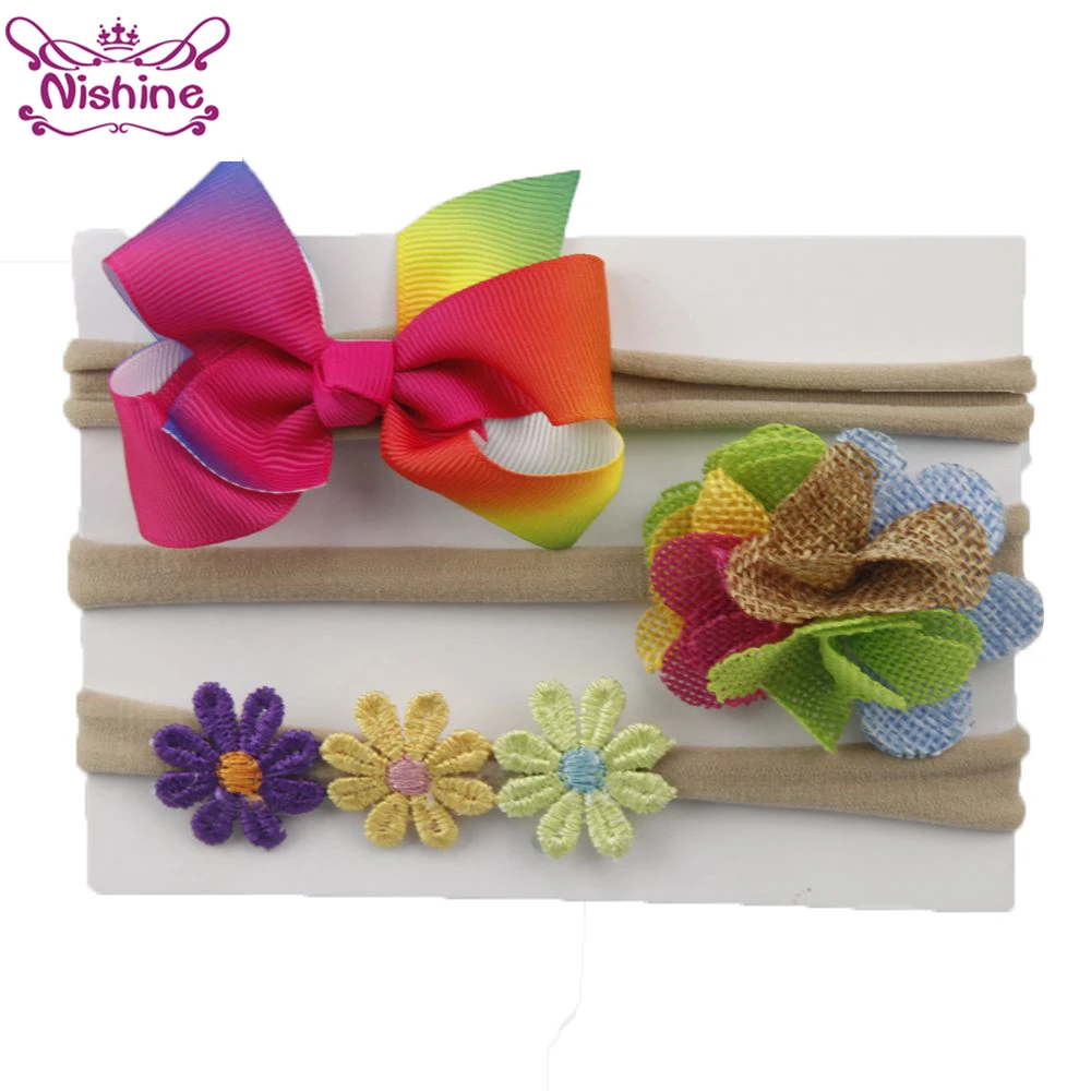 

Nishine 3pcs/lot Ribbon Bows Flower Baby Nylon Headband Elastic Girls Newborn Headwear Hair Accessories Sets Photography Props