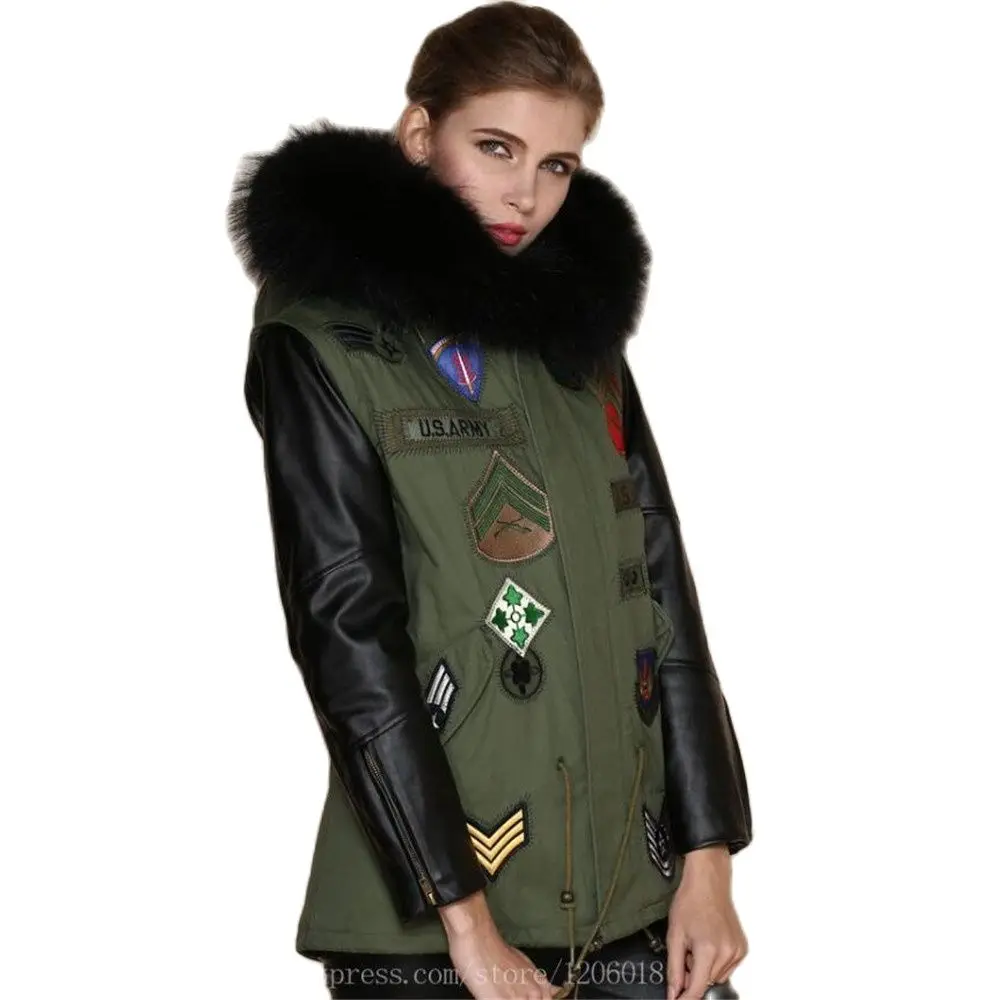 Top women's real raccoon large fur coat Full lining of black faux Army Green mr mrs Jackets Leather Unisex | Женская одежда