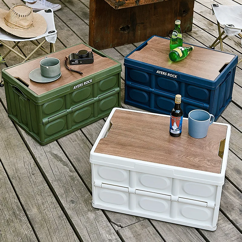 

70L Large Multifunctional Plastic Container Wood Cover Storage Box Outdoor Picnic Camping Storage Folding Box