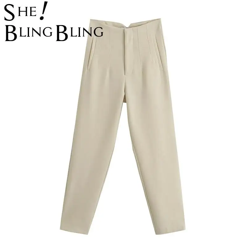 SheBlingBling 2021 женские брюки Za костюмы с высокой талией шикарные офисные бежевые