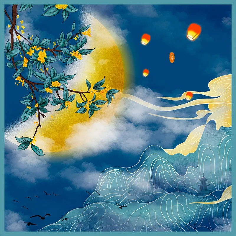 

Print 90cm Silk Square Scarf Chinese Solar Terms 100 Mulberry Silk Scarves Luxury Women Shawl Headwrap Bandana Christmas Gift