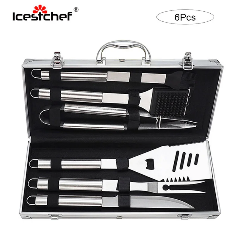 ICESTCHEF 6Pcs Stainless Steel Barbecue Tool Set Outdoor BBQ Grill Utensils Cooking Utensil Accessories With Carry Bag |
